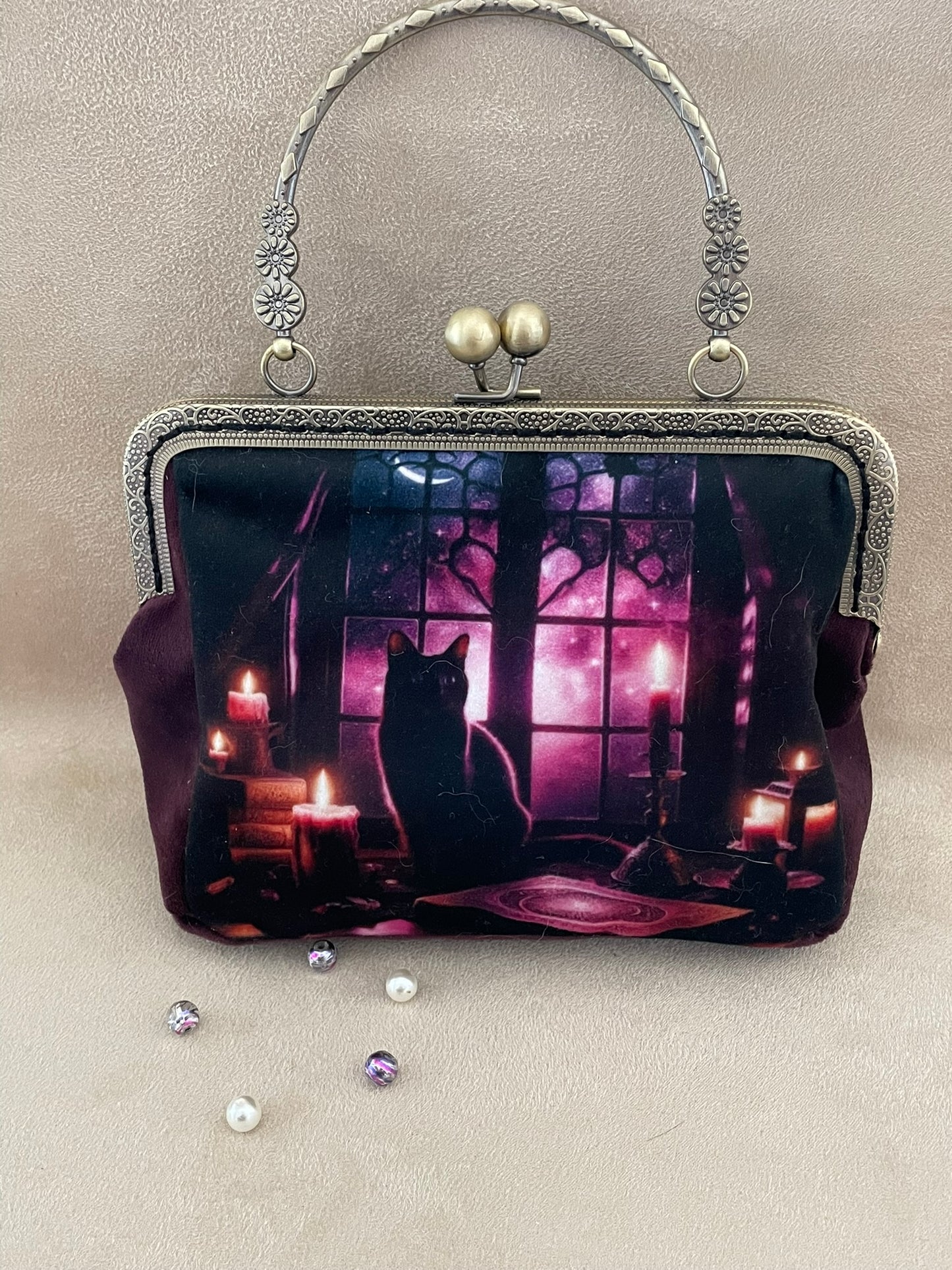 Clutch, retro clutch, vintage, cat, black cat