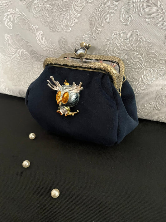 Porte-Monnaie Chouette Bijou – Velours Bleu – Fermoir e