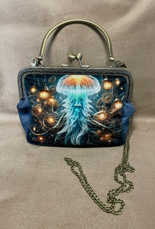 Pochette clutch Les Abysses Mécaniques" – Pochette Steampunk Méduse & Style Jules Verne