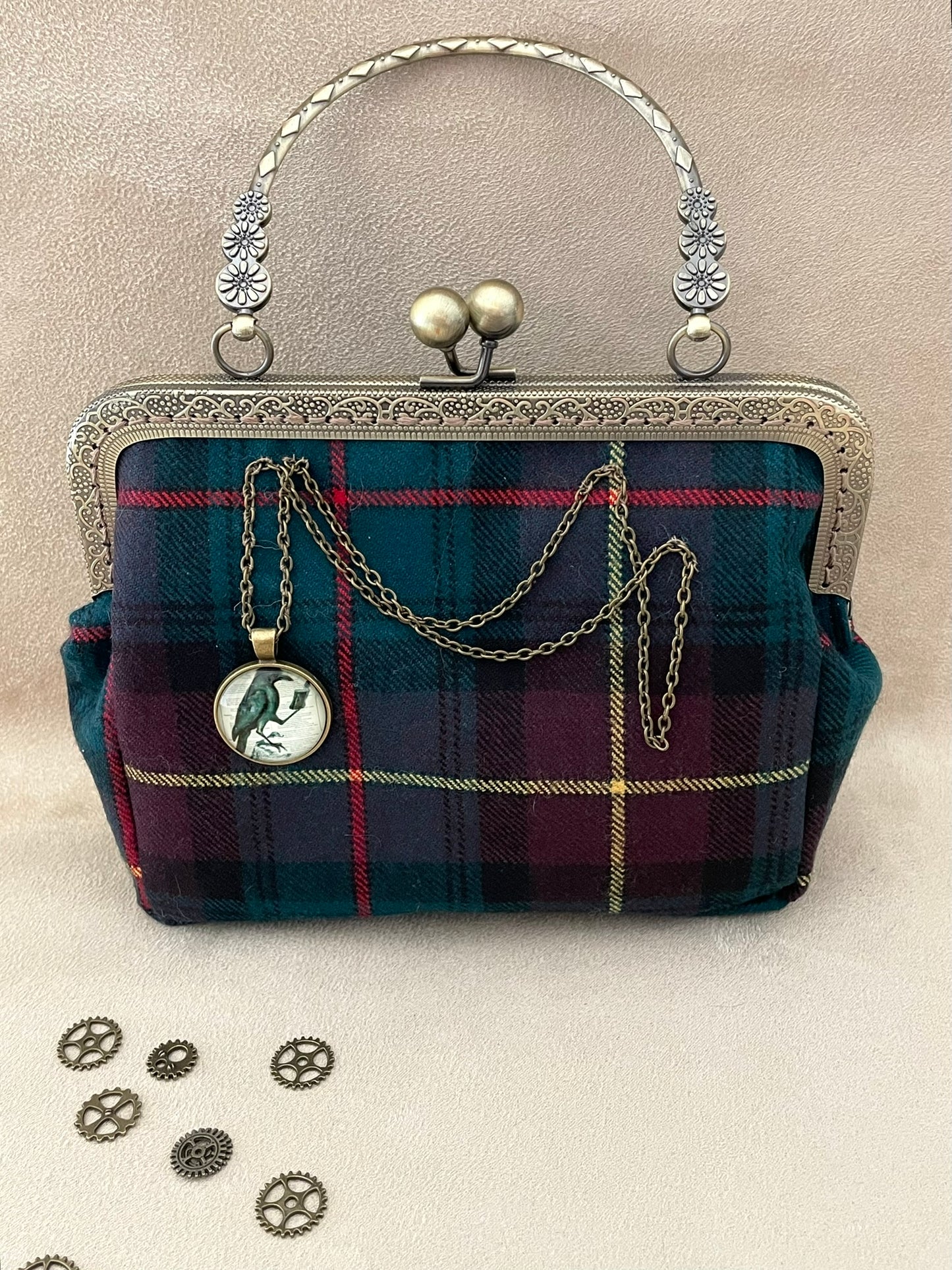 Clutch/Pochette écossais, tartan avec corbeau