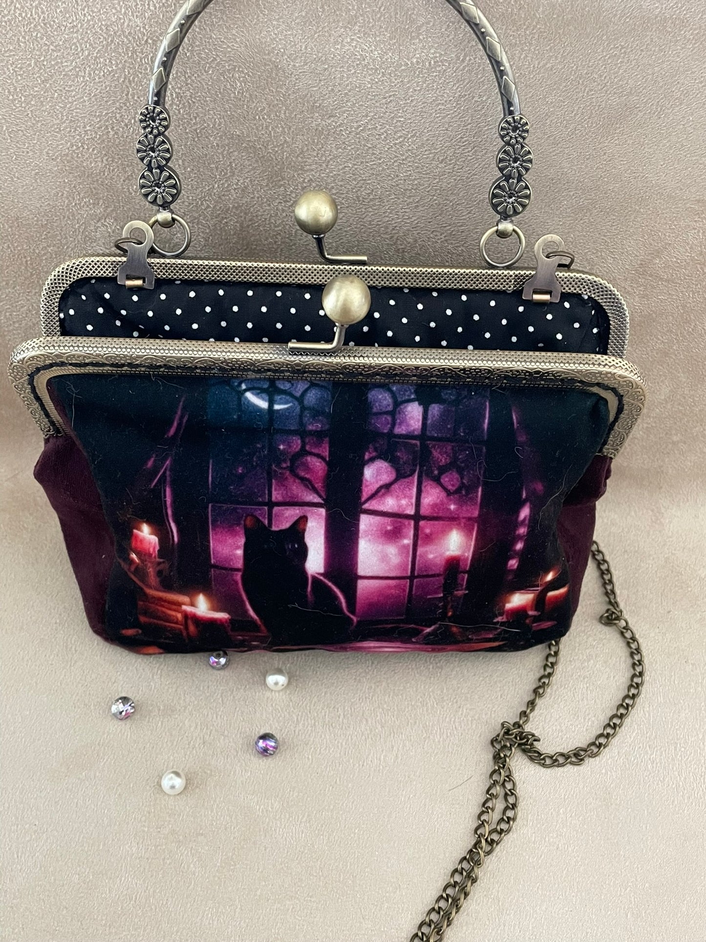 Clutch, retro clutch, vintage, cat, black cat