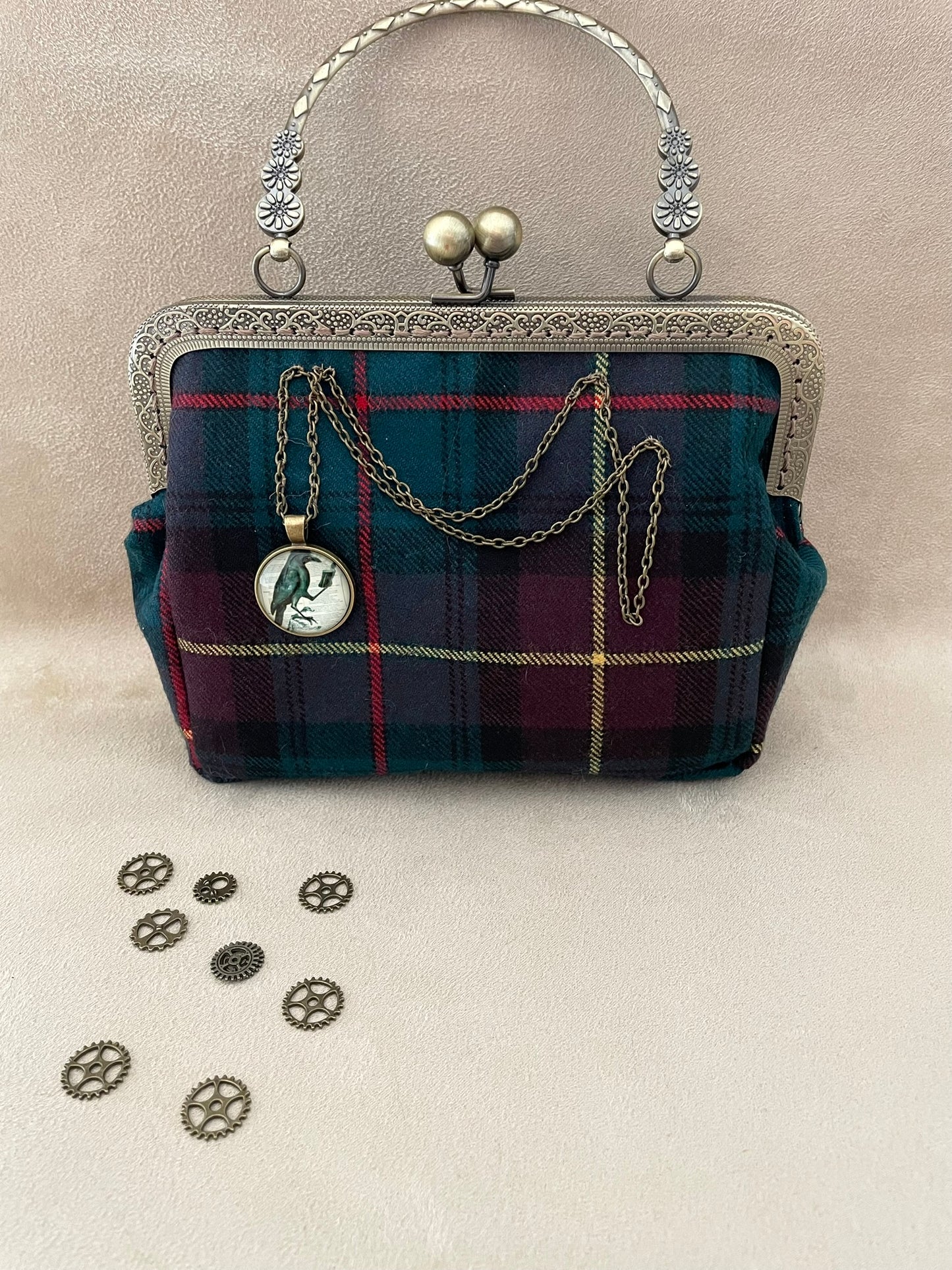 Clutch/Pochette écossais, tartan avec corbeau