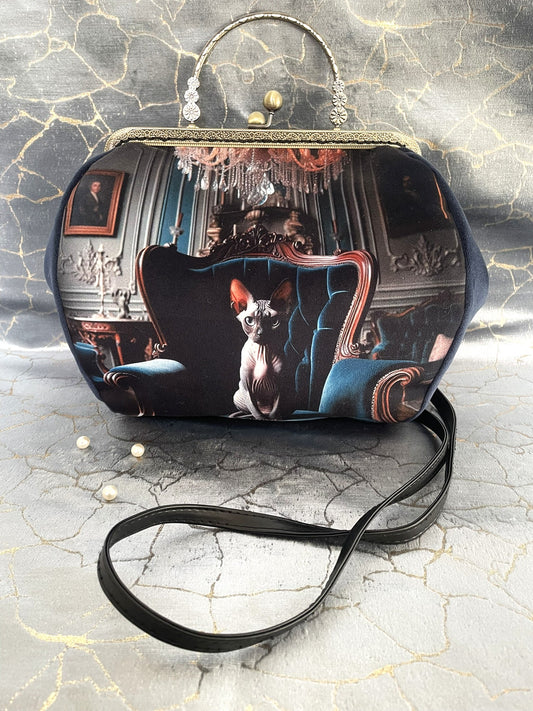 Sac Chat Sphynx en Velours Bleu Nuit – Sac Bandoulière Vintage Femme Illustré Baroque & Mystérieux