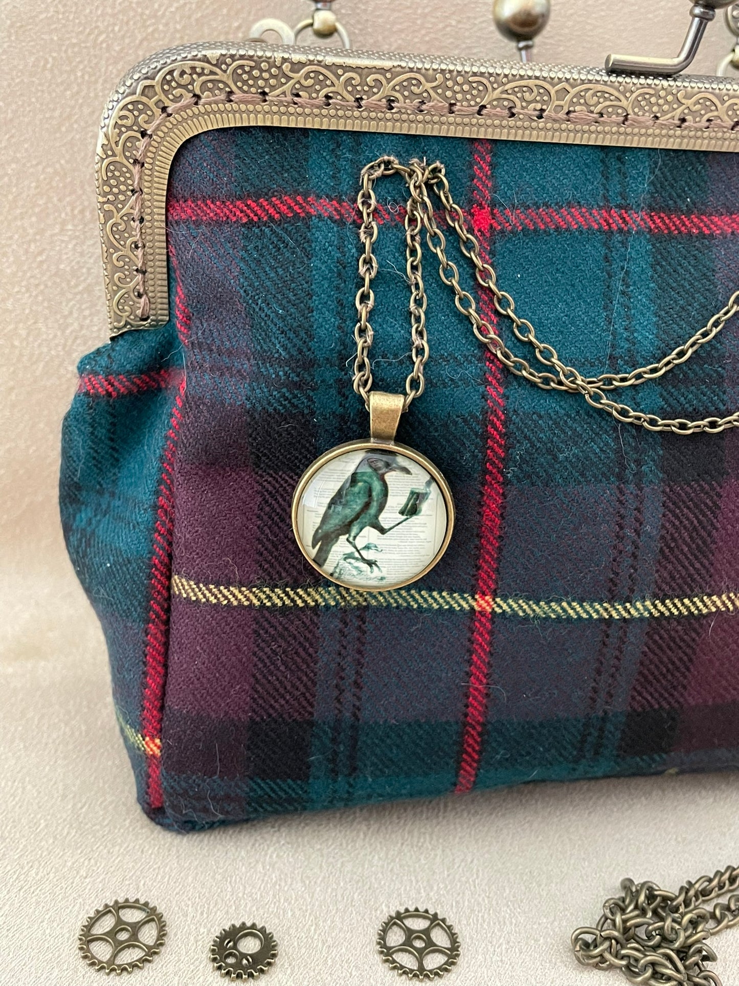 Clutch/Pochette écossais, tartan avec corbeau