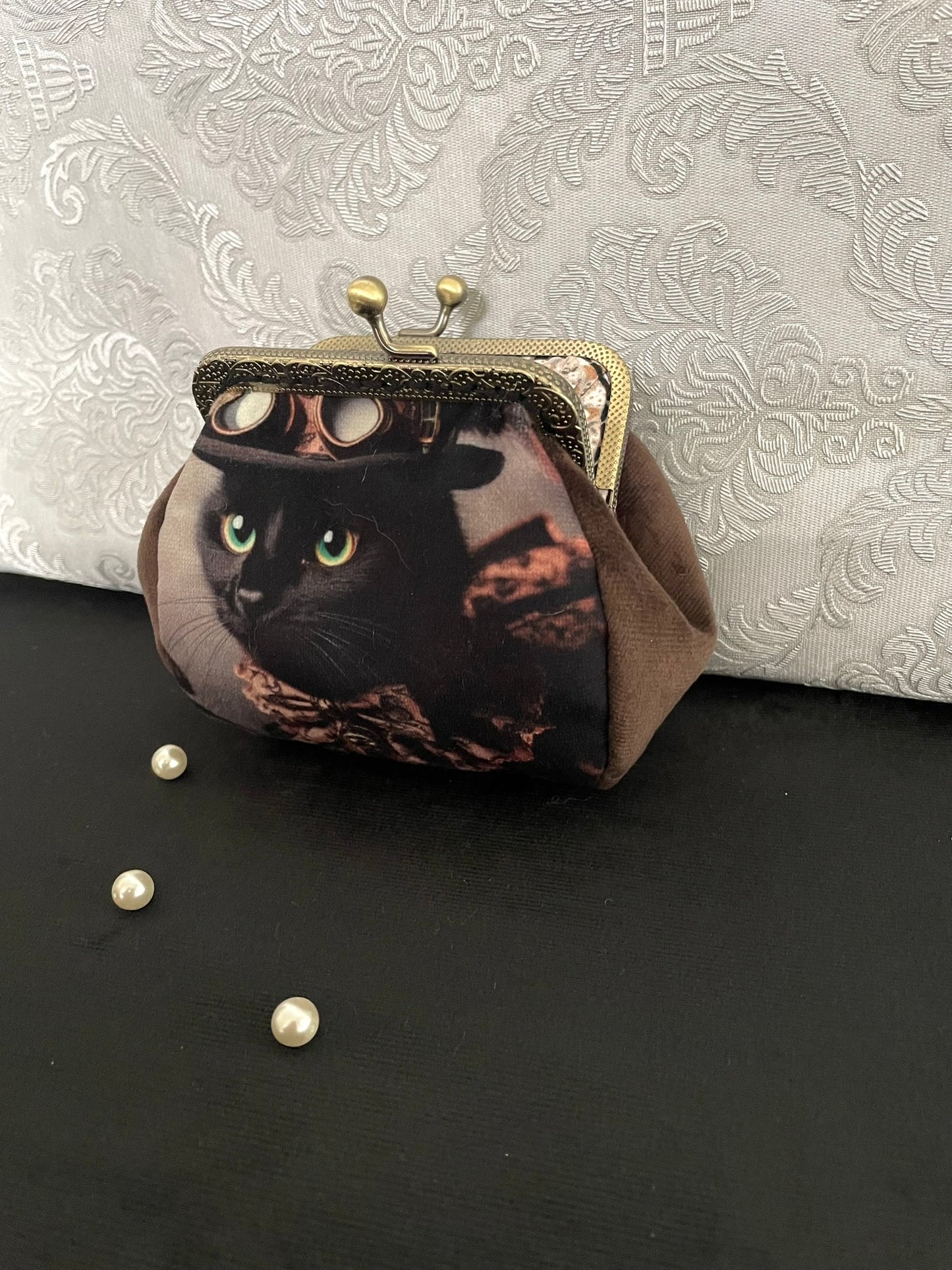 Porte-Monnaie Steampunk Chat Noir – Velours Chocolat-  Fantastique