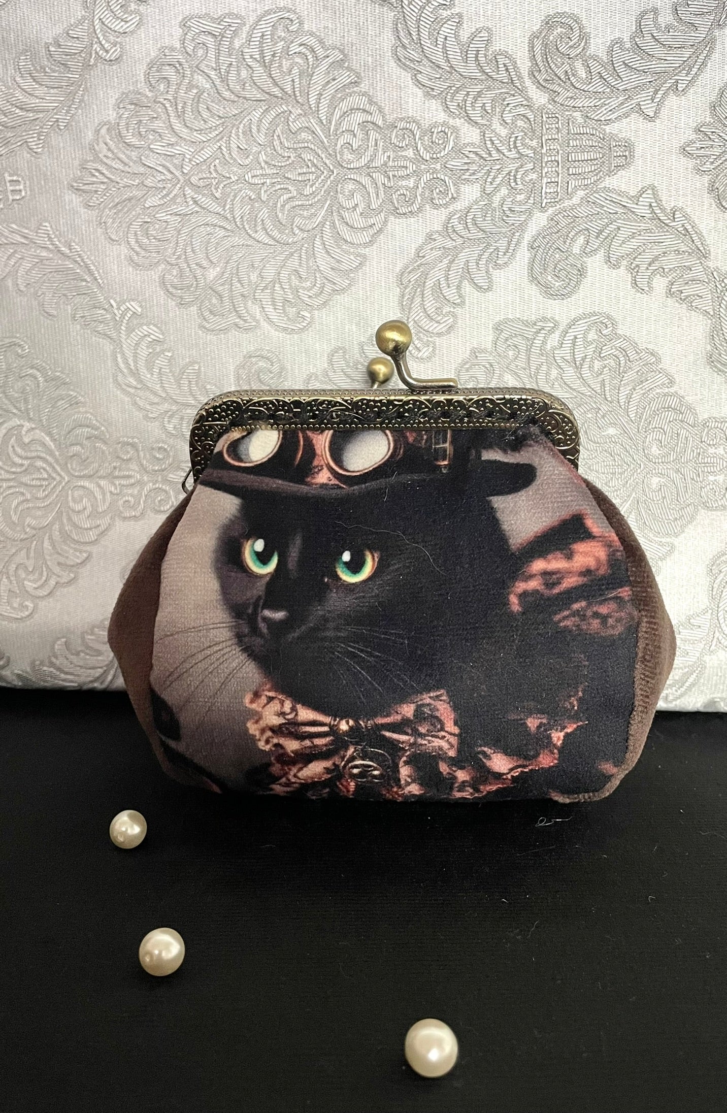 Porte-Monnaie Steampunk Chat Noir – Velours Chocolat-  Fantastique