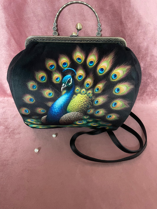 Sac Vintage Paon Majestueux – Accessoire Feerique Femme en Velours Noir
