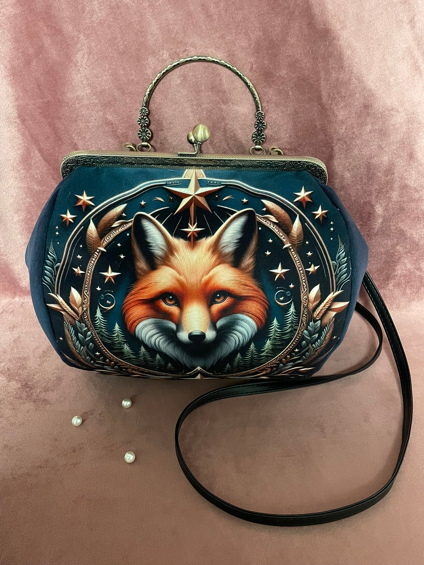 Sac Vintage Renard Mystique – Accessoire Féérique Femme en Velours Bleu Nuit