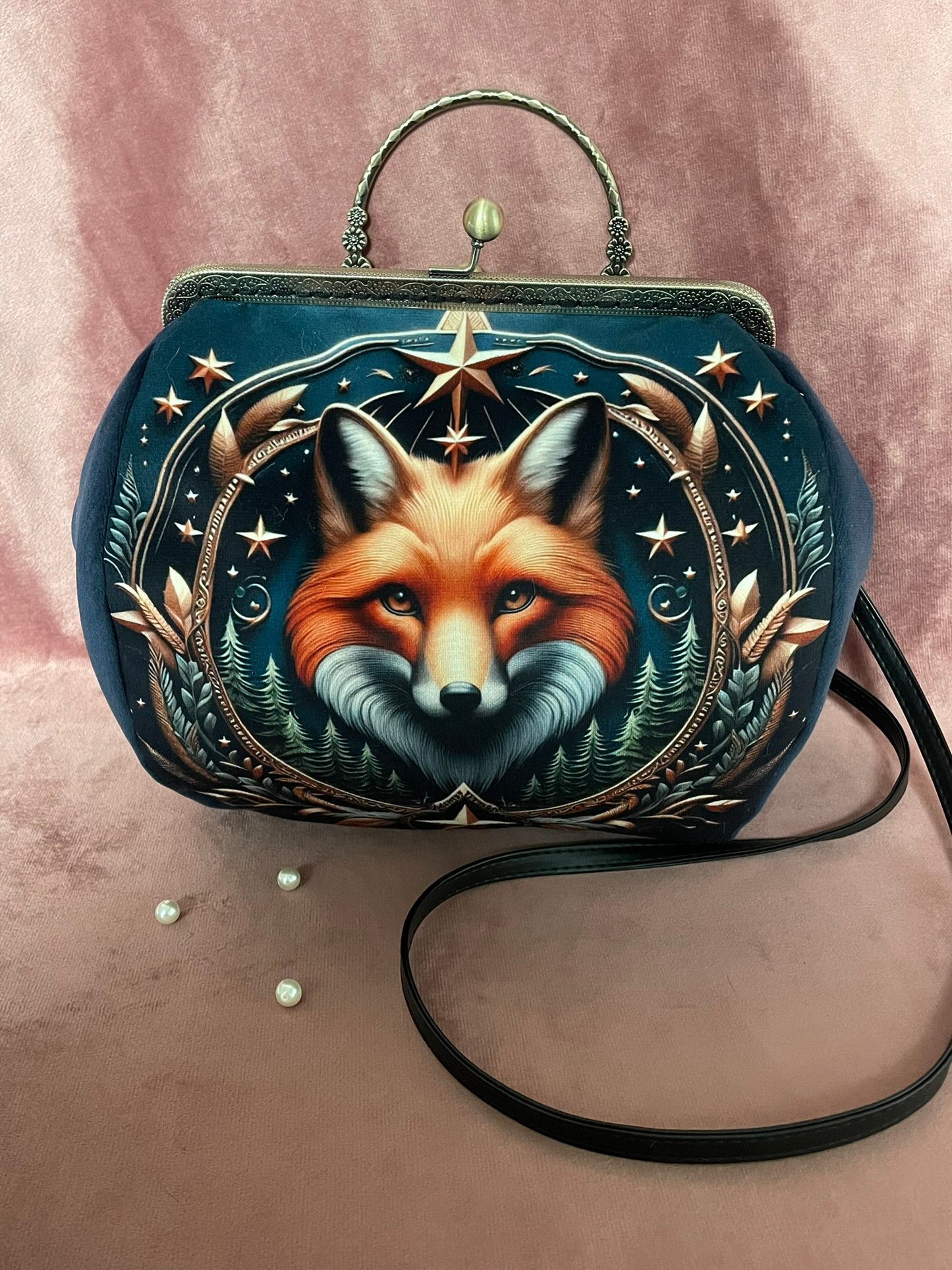 Sac Vintage Renard Mystique – Accessoire Féérique Femme en Velours Bleu Nuit