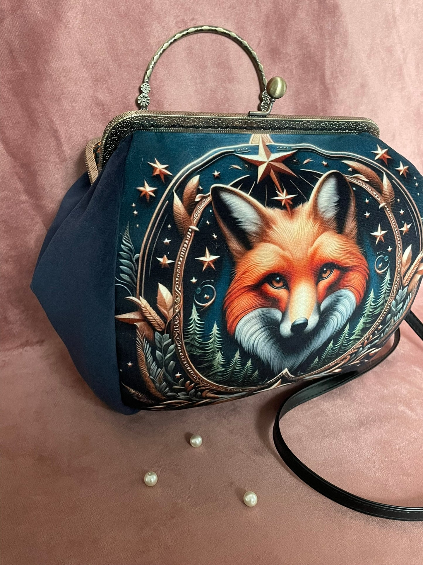 Sac Vintage Renard Mystique – Accessoire Féérique Femme en Velours Bleu Nuit