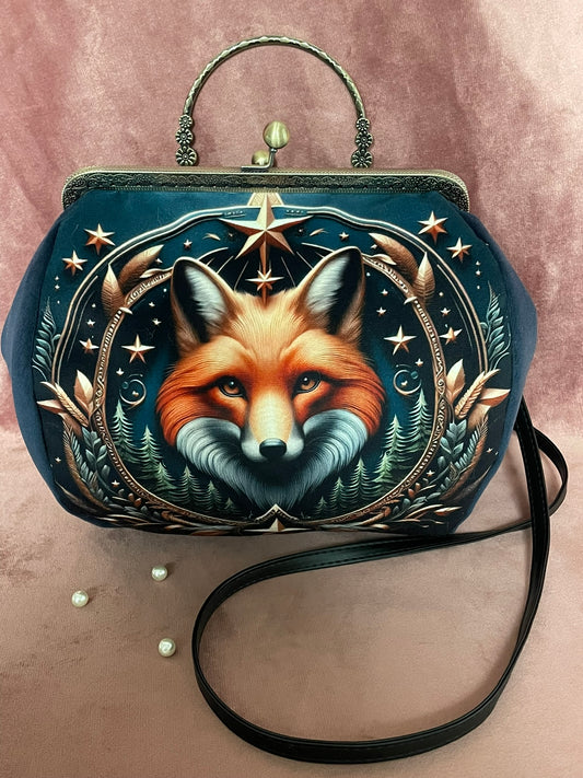 Sac Vintage Renard Mystique – Accessoire Féérique Femme en Velours Bleu Nuit