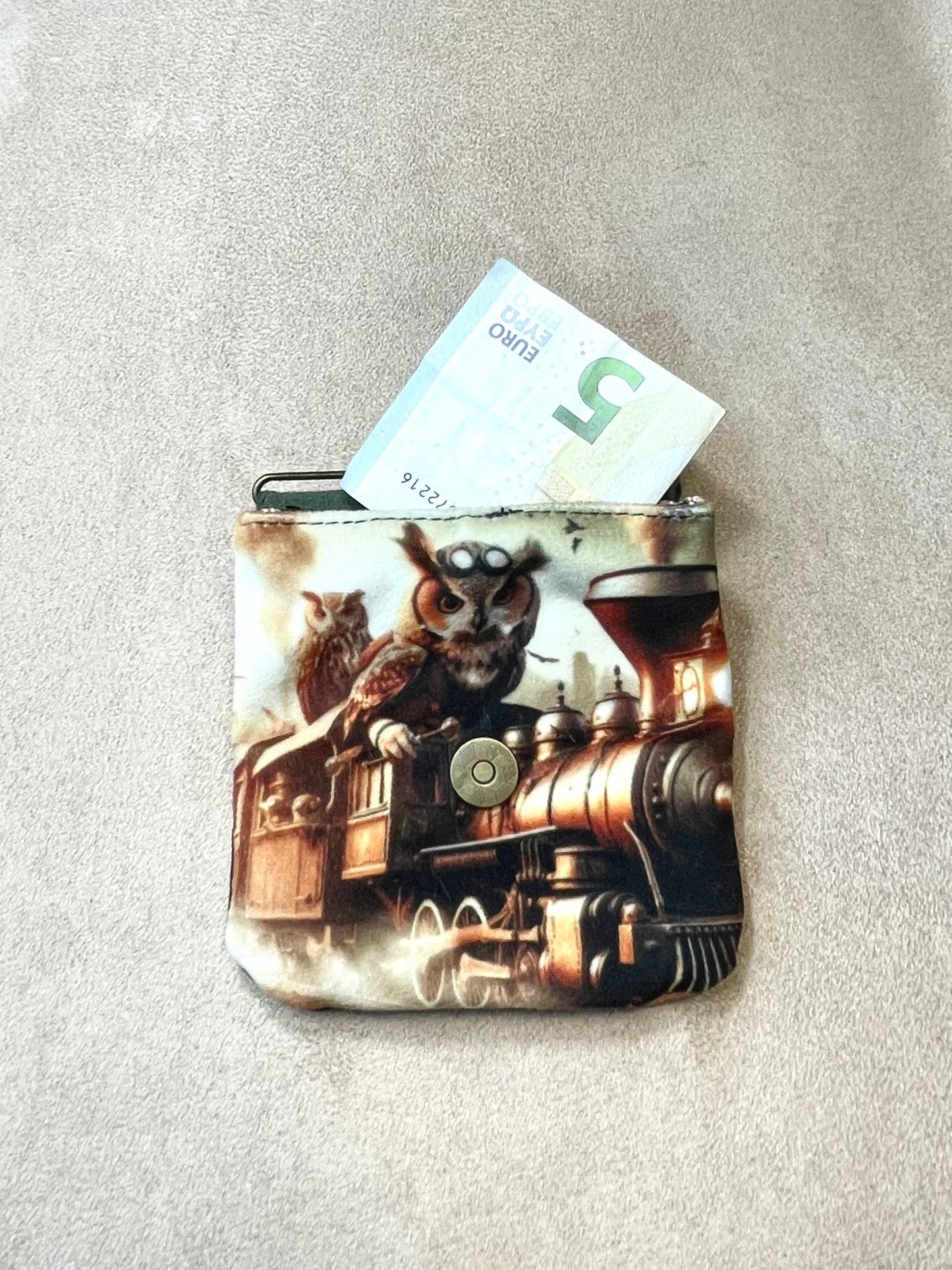 porte monnaie aimanté -Locomotive et chouettes steampunk