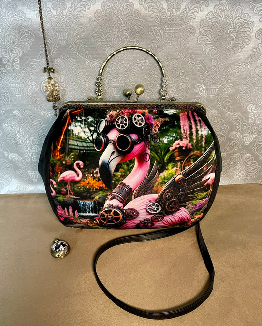 Sac « Flamand Rose Steampunk d’Alice » – Fantaisie mécanique & élégance baroque