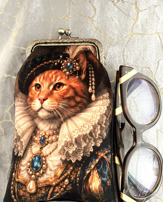 Étui à Lunettes Rétro Velours « Le Chat Renaissance » – Fait Main