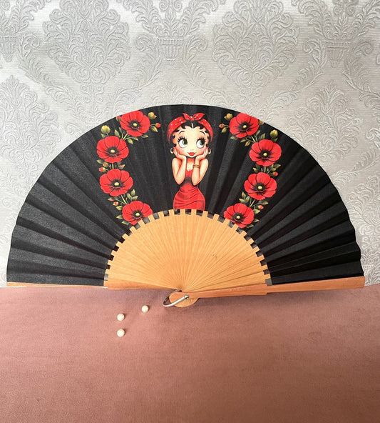 Éventail artisanal en bois fait main modèle rétro pin-up et couronne de coquelicots