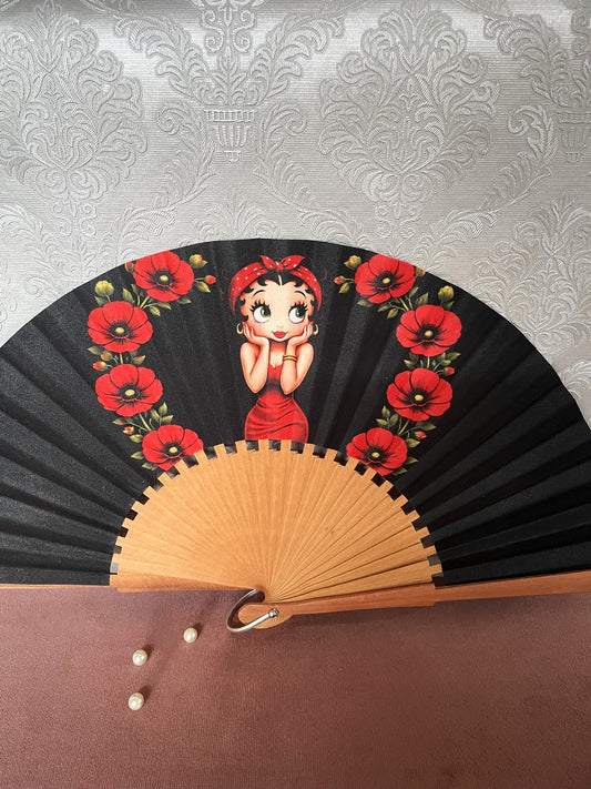 Détail de la monture en bois et du tissu illustration pin-up et fleurs Le Comptoir de Suzanne