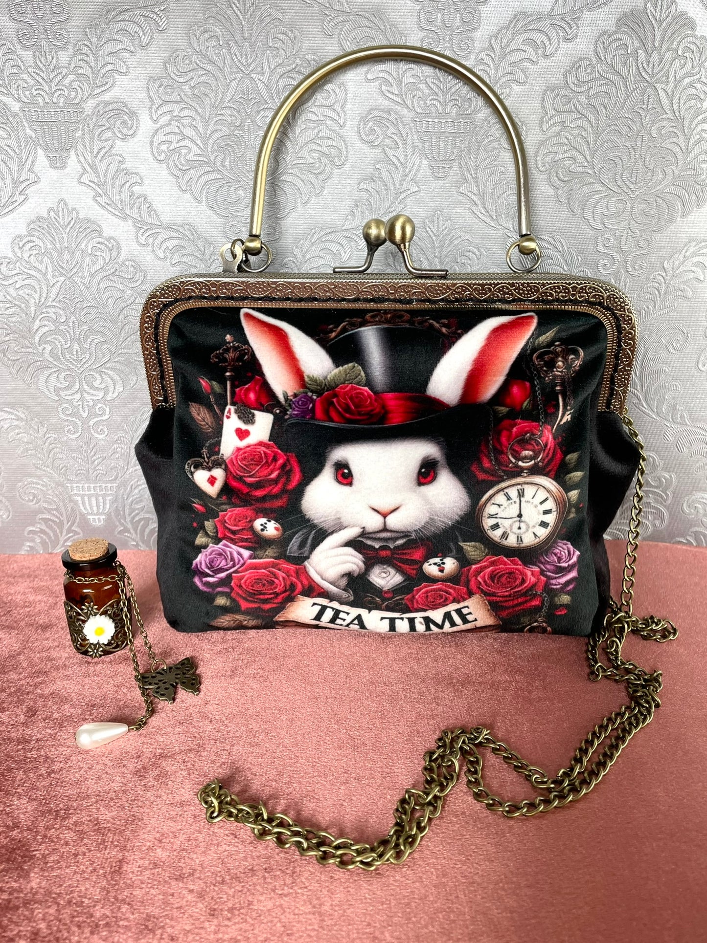 Sac à main Alice au Pays des Merveilles avec illustration Lapin Blanc et roses