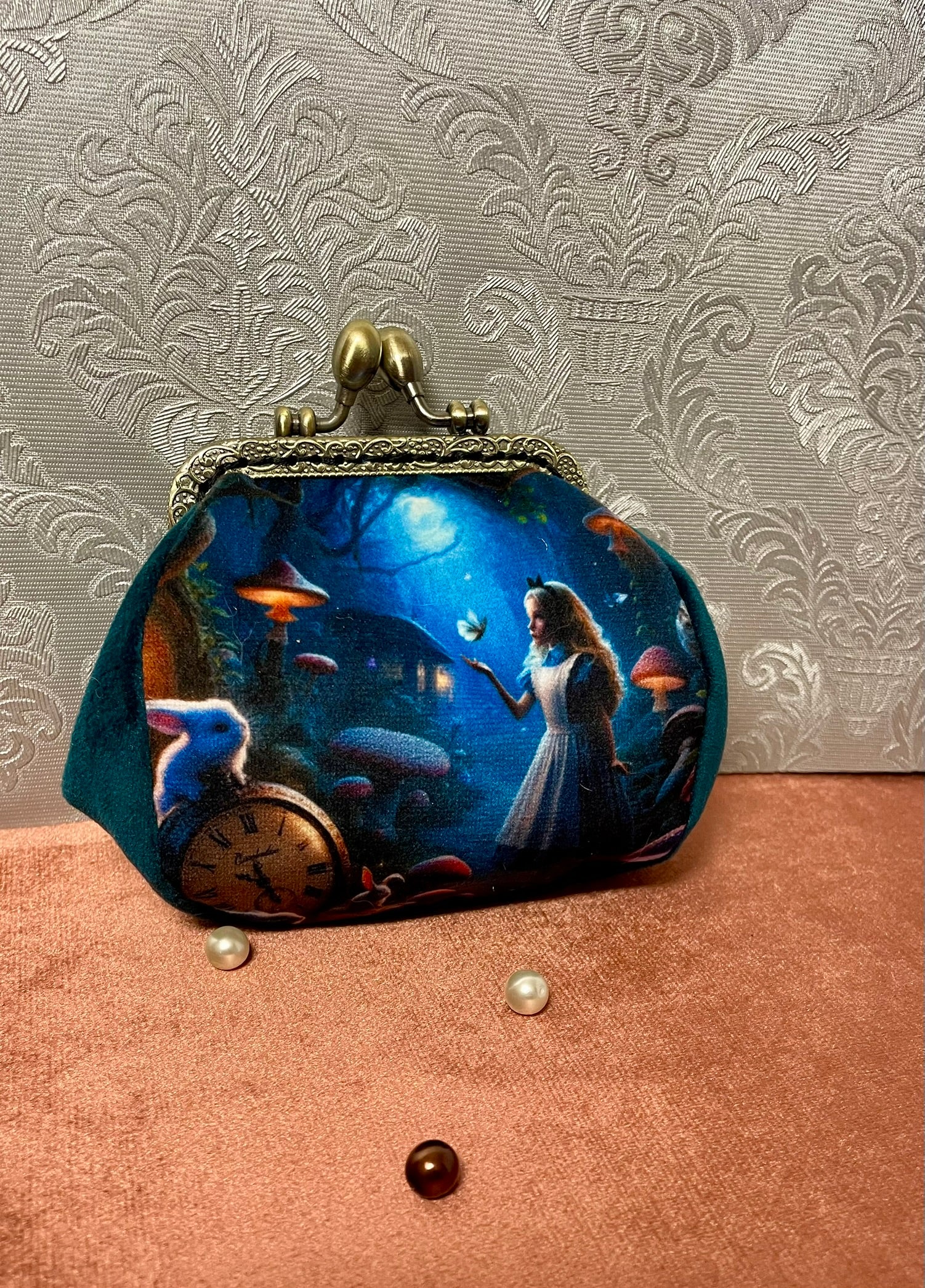 Pochette de monnaie en velours bleu canard