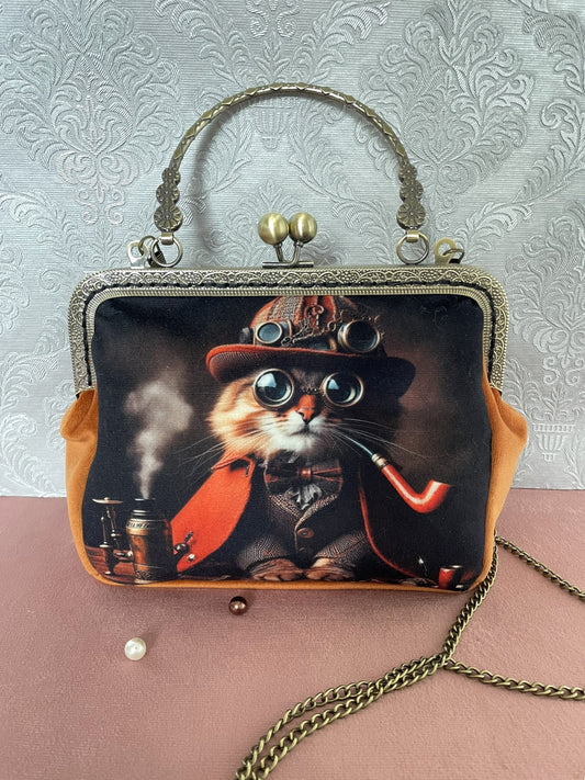 Pochette retro velours orange motif chat steampunk dandy Le Comptoir de Suzanne