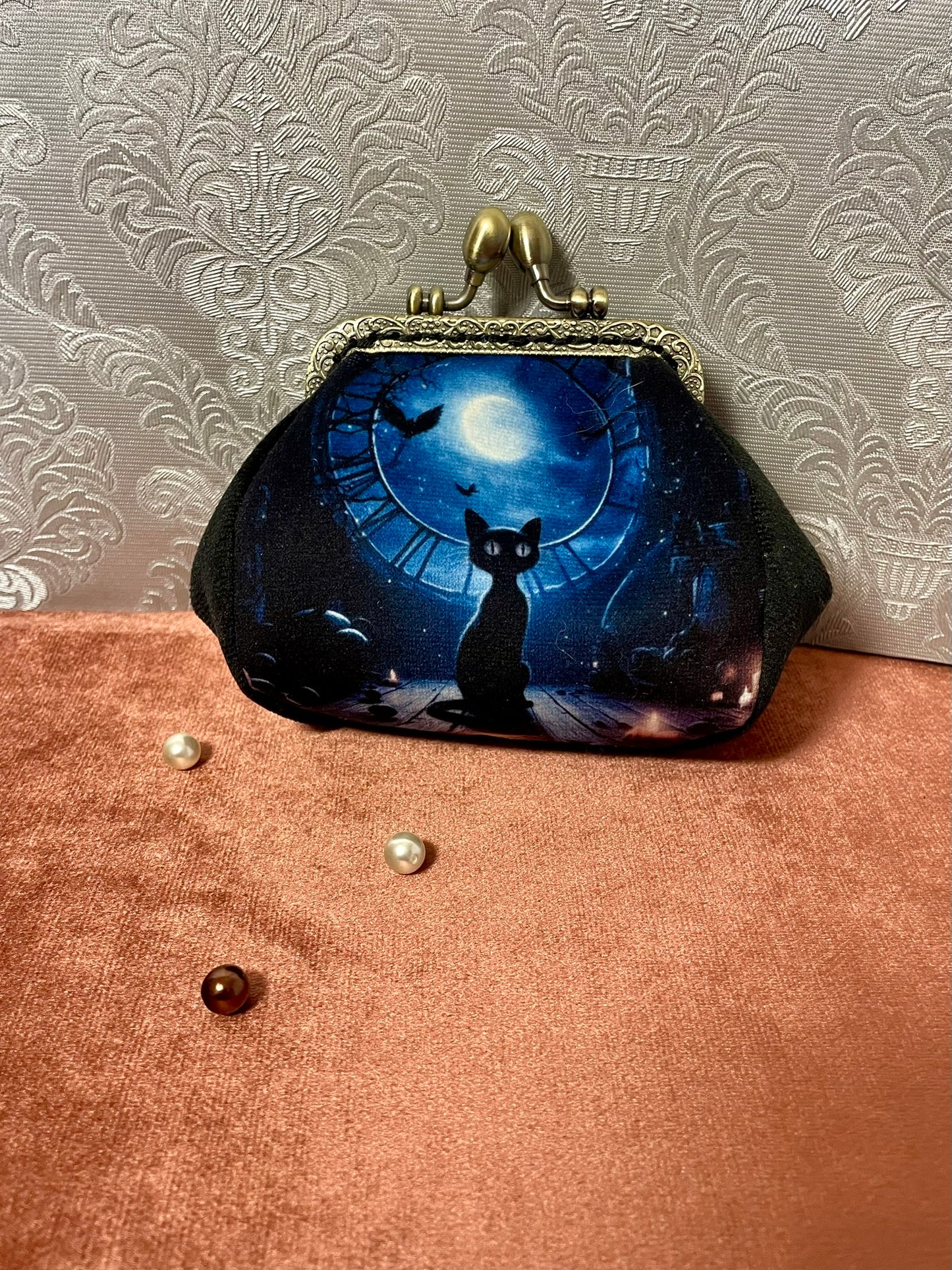 Porte-monnaie avec illustration chat noir et pleine lune