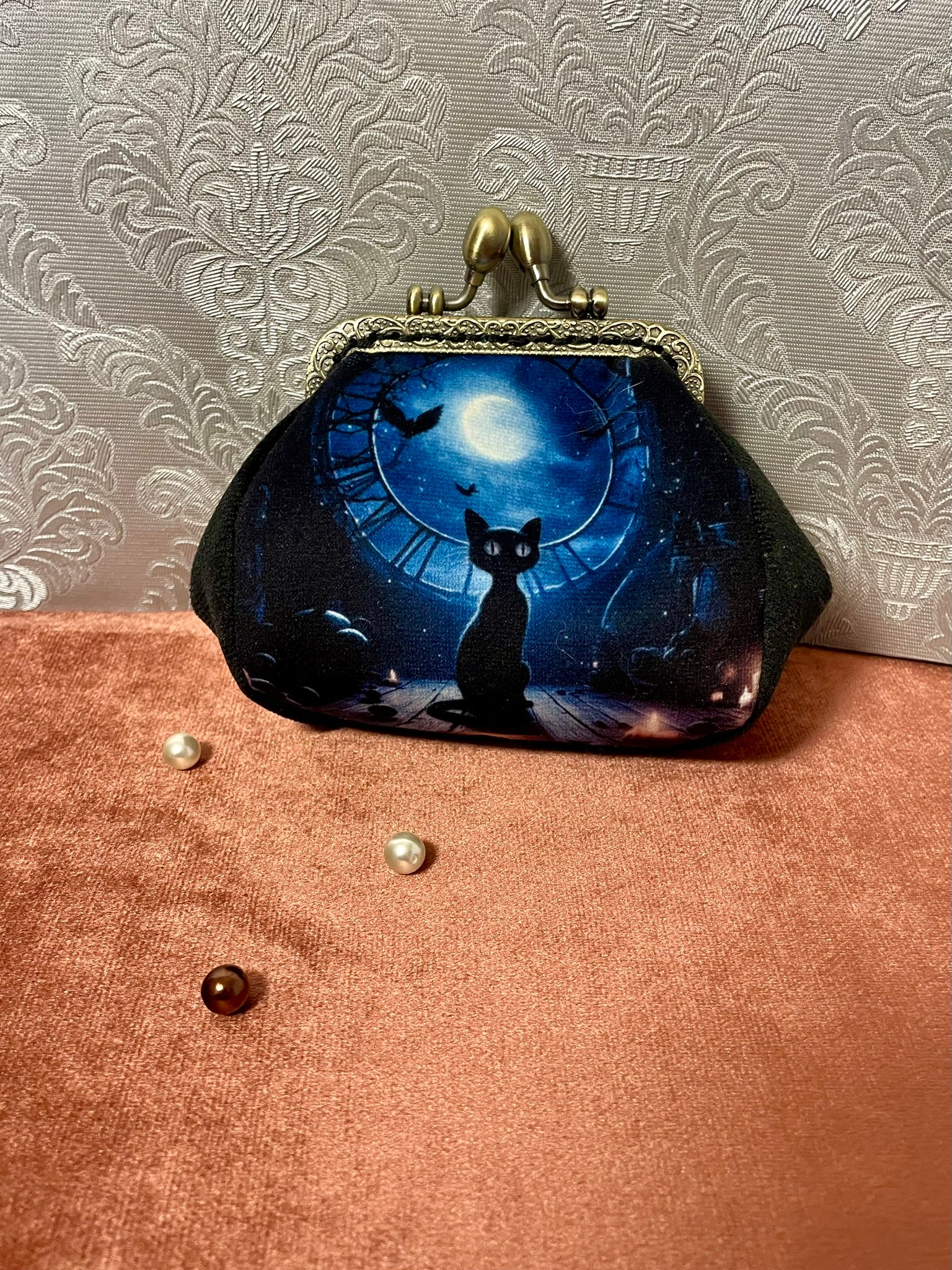 Porte-monnaie avec illustration chat noir et pleine lune