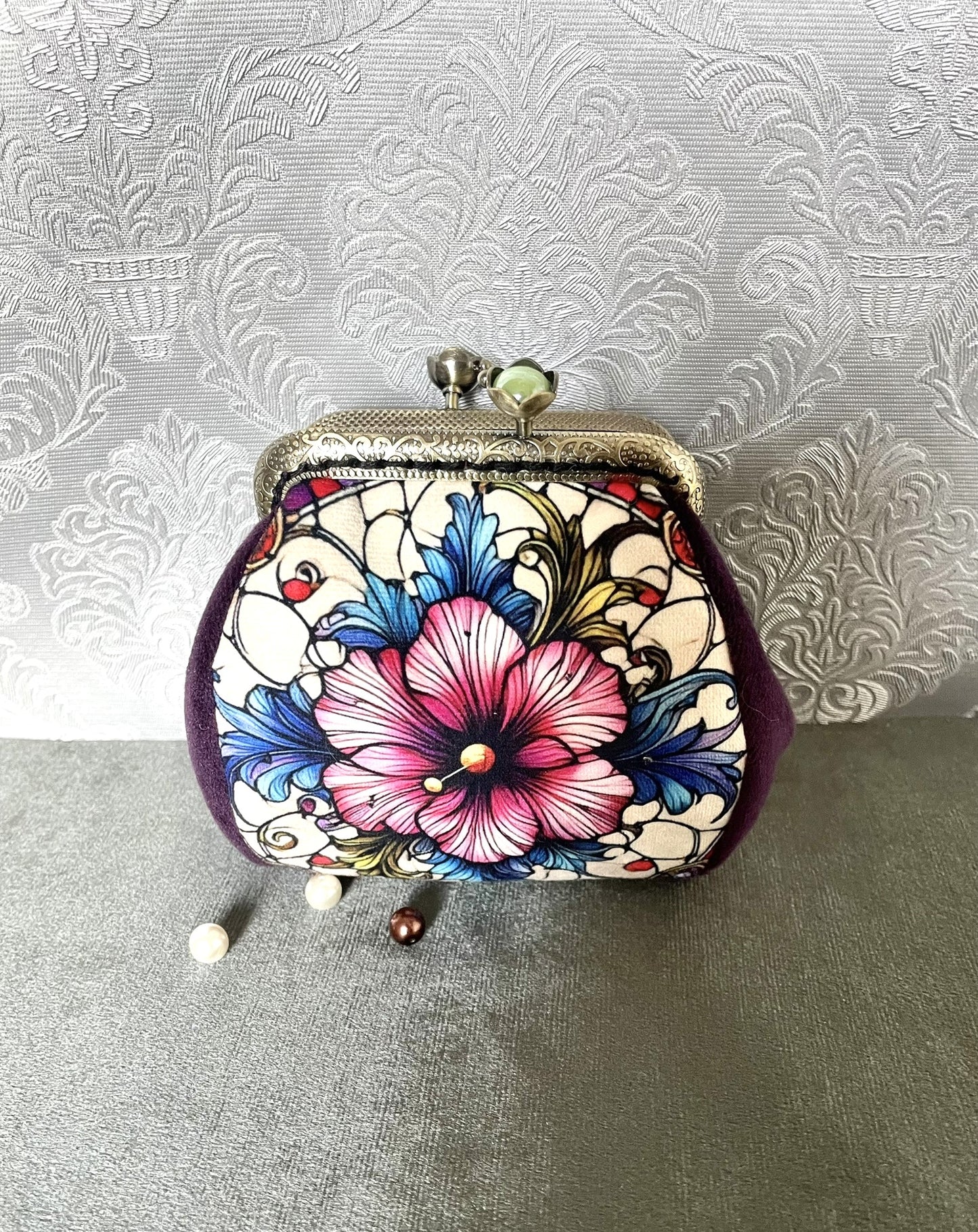 Petit porte-monnaie rétro motif vitrail hibiscus coloré