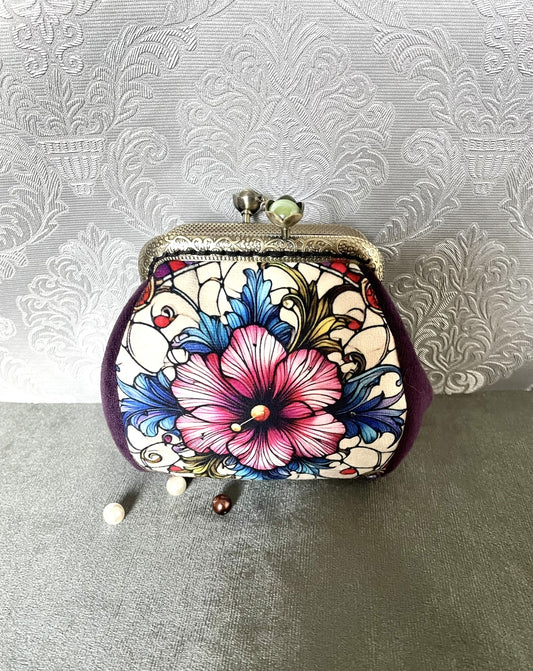 Petit porte-monnaie rétro motif vitrail hibiscus coloré