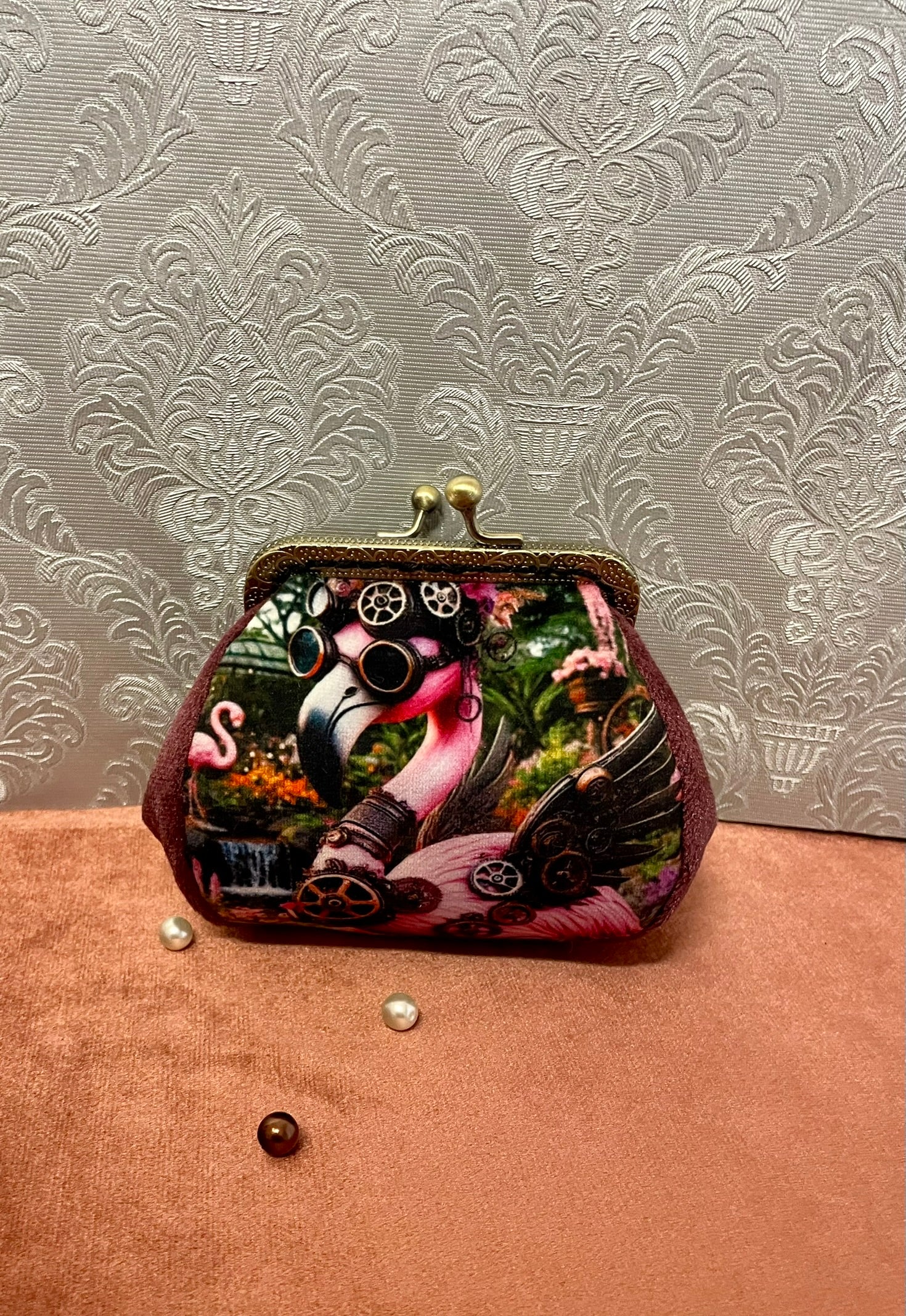 Porte-monnaie Steampunk flamant rose avec lunettes aviateur