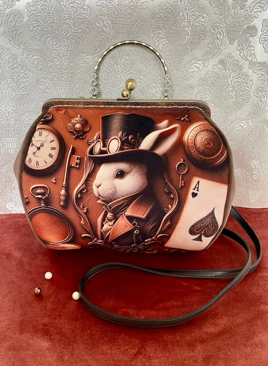 Sac à Main Steampunk Lapin Blanc en Velours Marron - Fermoir Rétro