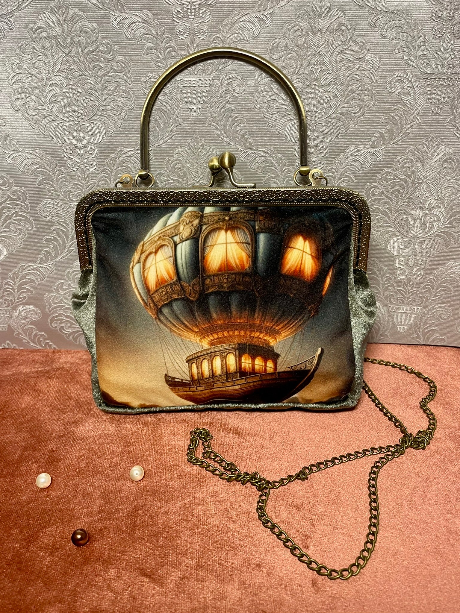 Sac à main Steampunk L’Aéronef Onirique illustration montgolfière fantastique Le Comptoir de Suzanne.