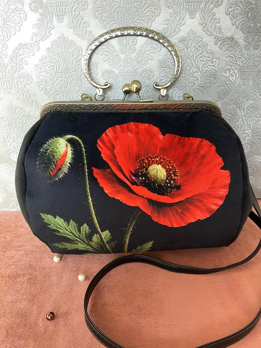 Sac retro a fermoir bronze en velours noir imprimé grand coquelicot rouge et bouton