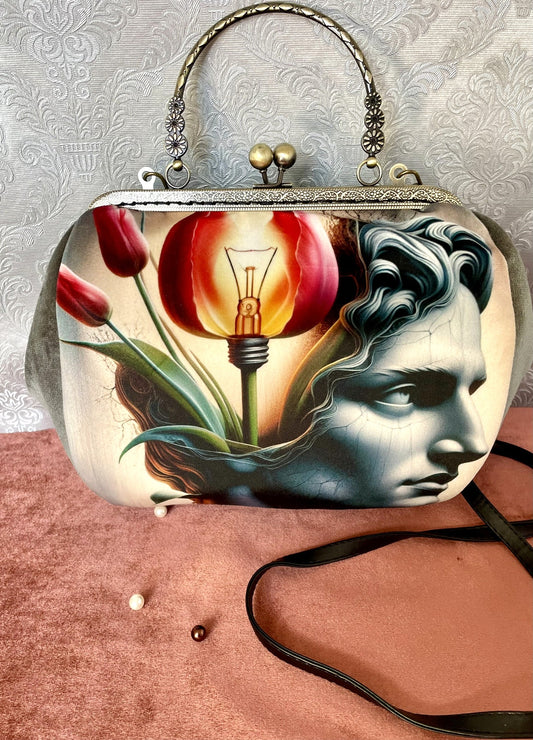 Sac retro velours vert de gris motif surréaliste buste classique et tulipe ampoule Le Comptoir de Suzanne