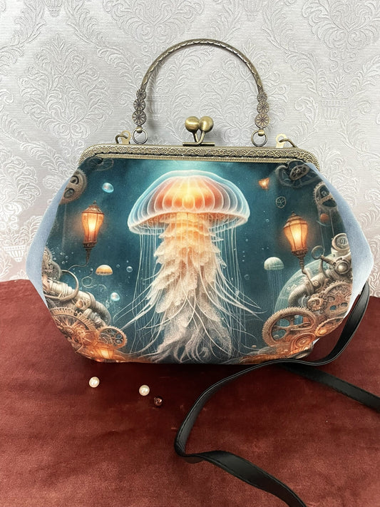 Sac retro a fermoir bronze en velours bleu avec chaine amovible illustration meduse sous-marine steampunk
