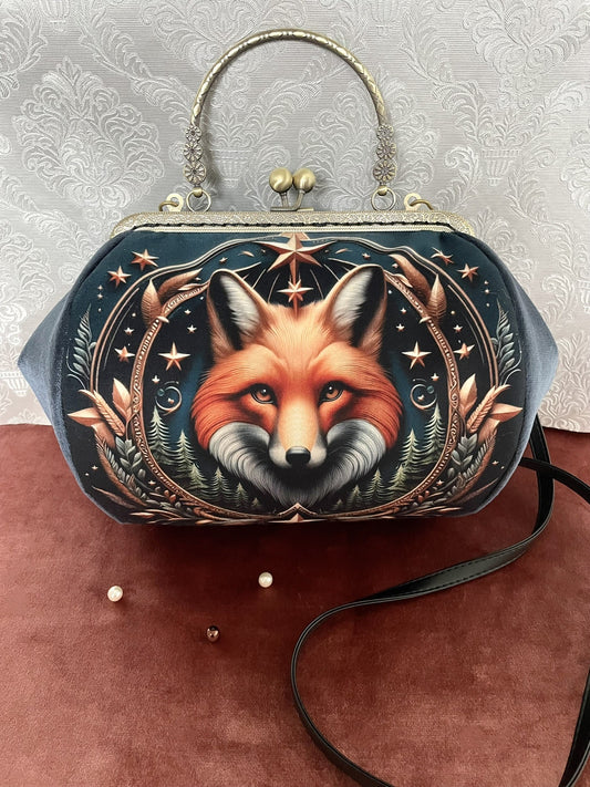 Sac rétro en velours bleu gris illustration renard céleste et étoiles Le Comptoir de Suzanne