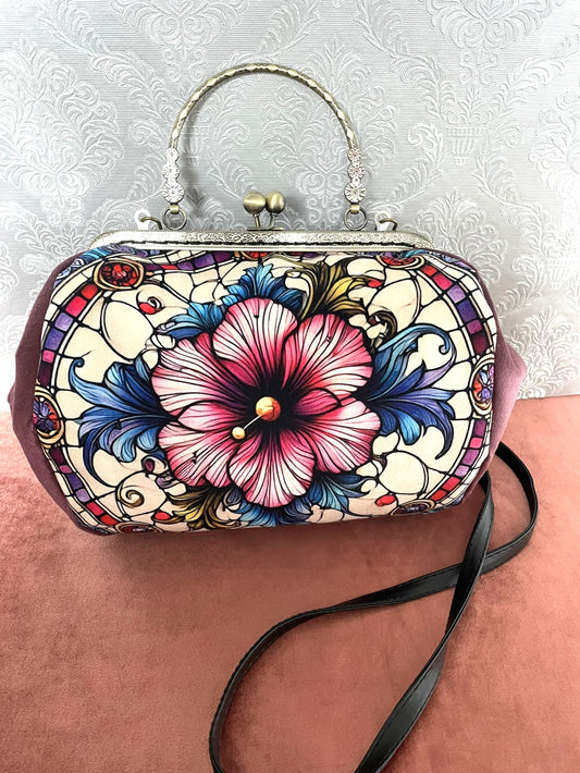 Sac à main rétro motif vitrail fleur hibiscus art nouveau et velours prune